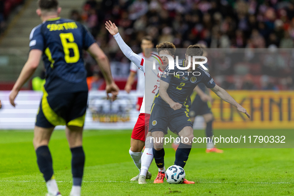 Nicola Zalewski (L) and Anthony Ralston are playing during the  UEFA Nations League 2024 League A Group A1 match between Poland and Scotland...