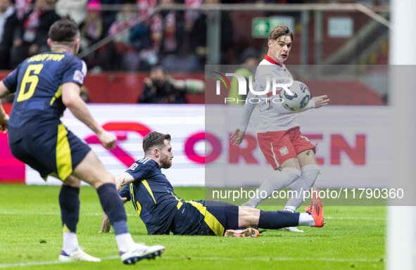 John Souttar , Anthony Ralston , Nicola Zalewski  during UEFA Nations League match Poland vs Scotland in Warsaw Poland on 18 November 2024. 