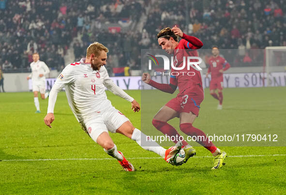 Dusan Vlahovic of Serbia  controls the ball during the Nations League Round 6 match between Serbia qnd Denmark at Dubocica Stadium, Leskovac...