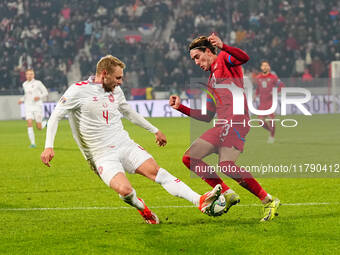 Dusan Vlahovic of Serbia  controls the ball during the Nations League Round 6 match between Serbia qnd Denmark at Dubocica Stadium, Leskovac...