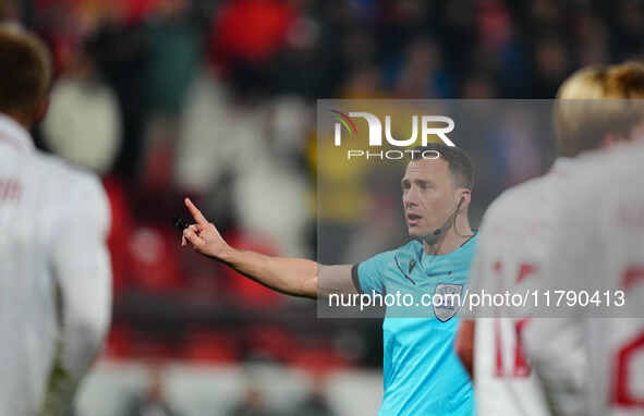 Felix Zwayer, Referee from Germany,  gestures during the Nations League Round 6 match between Serbia qnd Denmark at Dubocica Stadium, Leskov...