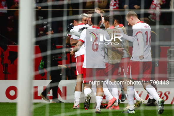 Poland team celebrates the goal during UEFA Nations League match Poland - Scotland at National Stadium in Warsaw, Poland on November 18, 202...