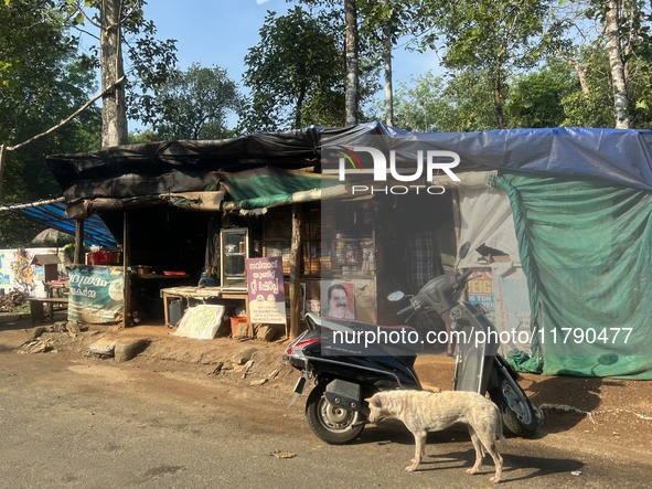 Shops line the roadside in Konni, Pathanamthitta, Kerala, India, on April 5, 2024. 