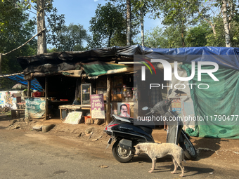 Shops line the roadside in Konni, Pathanamthitta, Kerala, India, on April 5, 2024. (