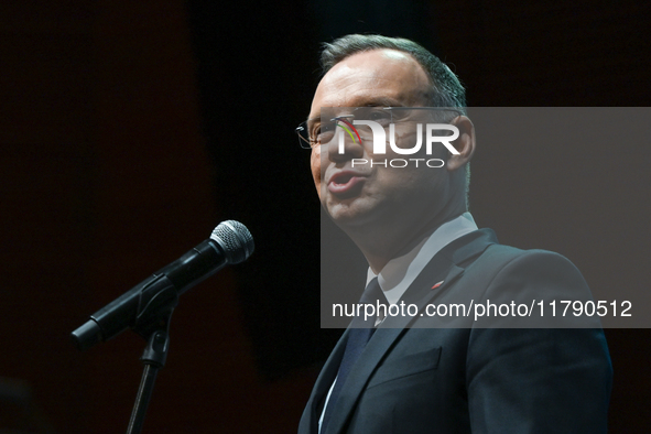 KRAKOW, POLAND - NOVEMBER 17:   
President of Poland Andrzej Duda delivers a speech at the Jubilee Gala marking the 35th anniversary of the...