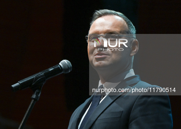 KRAKOW, POLAND - NOVEMBER 17:   
President of Poland Andrzej Duda delivers a speech at the Jubilee Gala marking the 35th anniversary of the...