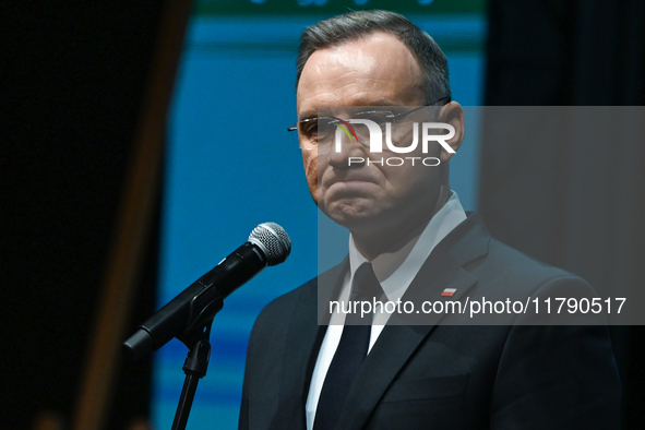 KRAKOW, POLAND - NOVEMBER 17:   
President of Poland Andrzej Duda delivers a speech at the Jubilee Gala marking the 35th anniversary of the...