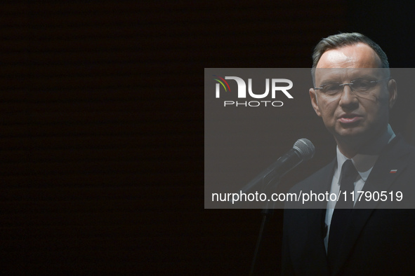 KRAKOW, POLAND - NOVEMBER 17:   
President of Poland Andrzej Duda delivers a speech at the Jubilee Gala marking the 35th anniversary of the...