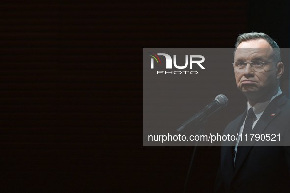 KRAKOW, POLAND - NOVEMBER 17:   
President of Poland Andrzej Duda delivers a speech at the Jubilee Gala marking the 35th anniversary of the...