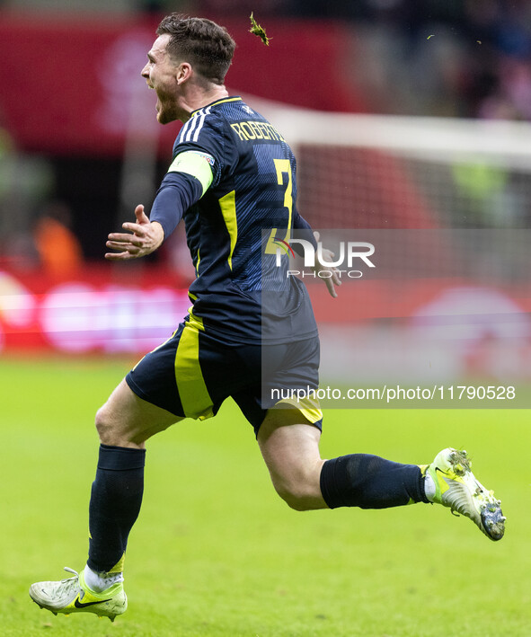 Andy Robertson  goal celebration during UEFA Nations League match Poland vs Scotland in Warsaw Poland on 18 November 2024. 