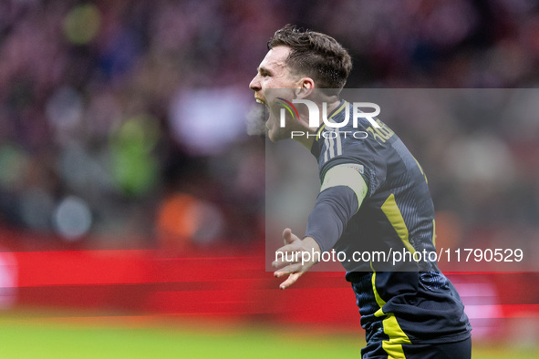 Andy Robertson  goal celebration during UEFA Nations League match Poland vs Scotland in Warsaw Poland on 18 November 2024. 