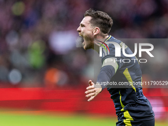 Andy Robertson  goal celebration during UEFA Nations League match Poland vs Scotland in Warsaw Poland on 18 November 2024. (