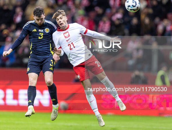 Andy Robertson , Nicola Zalewski , goal during UEFA Nations League match Poland vs Scotland in Warsaw Poland on 18 November 2024. 