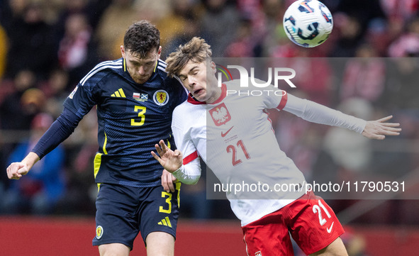 Andy Robertson , Nicola Zalewski , goal during UEFA Nations League match Poland vs Scotland in Warsaw Poland on 18 November 2024. 