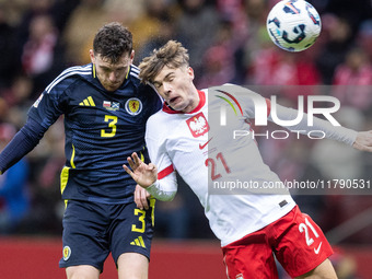 Andy Robertson , Nicola Zalewski , goal during UEFA Nations League match Poland vs Scotland in Warsaw Poland on 18 November 2024. (