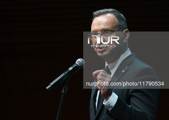 KRAKOW, POLAND - NOVEMBER 17:   
President of Poland Andrzej Duda delivers a speech at the Jubilee Gala marking the 35th anniversary of the...