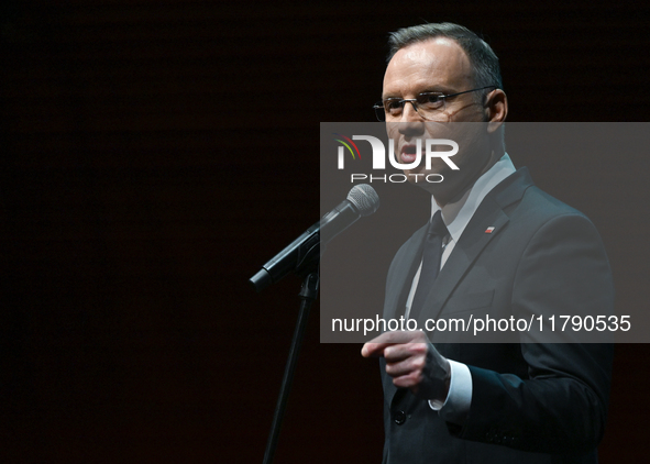 KRAKOW, POLAND - NOVEMBER 17:   
President of Poland Andrzej Duda delivers a speech at the Jubilee Gala marking the 35th anniversary of the...