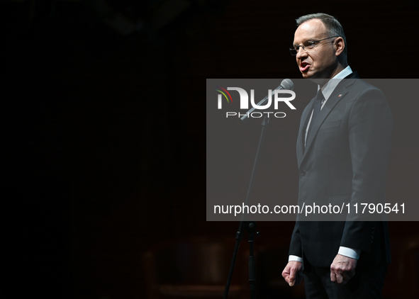 KRAKOW, POLAND - NOVEMBER 17:   
President of Poland Andrzej Duda delivers a speech at the Jubilee Gala marking the 35th anniversary of the...