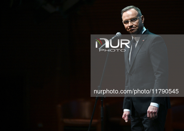 KRAKOW, POLAND - NOVEMBER 17:   
President of Poland Andrzej Duda delivers a speech at the Jubilee Gala marking the 35th anniversary of the...