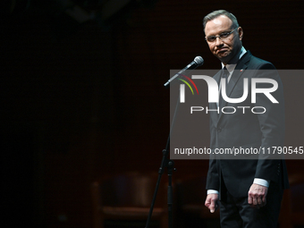 KRAKOW, POLAND - NOVEMBER 17:   
President of Poland Andrzej Duda delivers a speech at the Jubilee Gala marking the 35th anniversary of the...