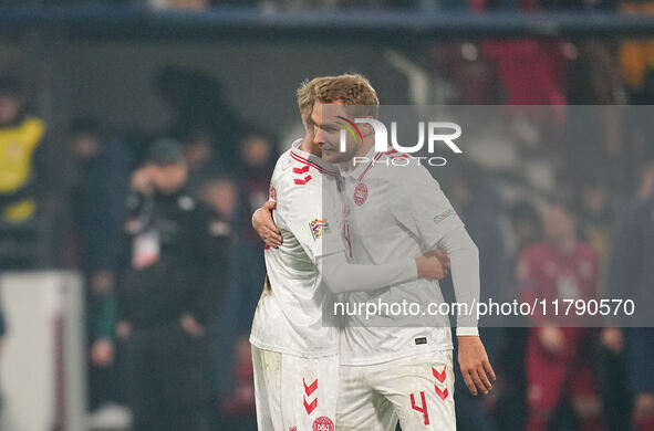 Victor Nelsson of Denmark  with post game celebration during the Nations League Round 6 match between Serbia qnd Denmark at Dubocica Stadium...