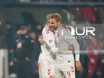 Victor Nelsson of Denmark  with post game celebration during the Nations League Round 6 match between Serbia qnd Denmark at Dubocica Stadium...