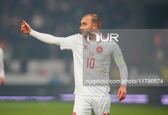 Christian Eriksen of Denmark  gestures during the Nations League Round 6 match between Serbia qnd Denmark at Dubocica Stadium, Leskovac, Ser...