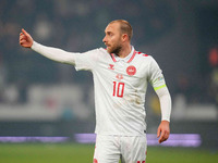 Christian Eriksen of Denmark  gestures during the Nations League Round 6 match between Serbia qnd Denmark at Dubocica Stadium, Leskovac, Ser...