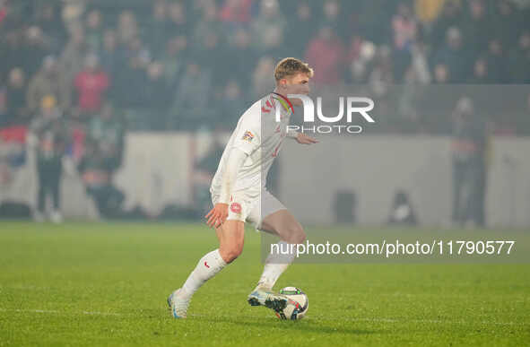 Rasmus Hoejlund of Denmark  controls the ball during the Nations League Round 6 match between Serbia qnd Denmark at Dubocica Stadium, Leskov...