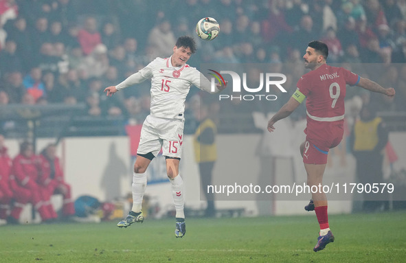 Christian Noergaard of Denmark  heads during the Nations League Round 6 match between Serbia qnd Denmark at Dubocica Stadium, Leskovac, Serb...