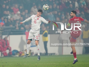 Christian Noergaard of Denmark  heads during the Nations League Round 6 match between Serbia qnd Denmark at Dubocica Stadium, Leskovac, Serb...