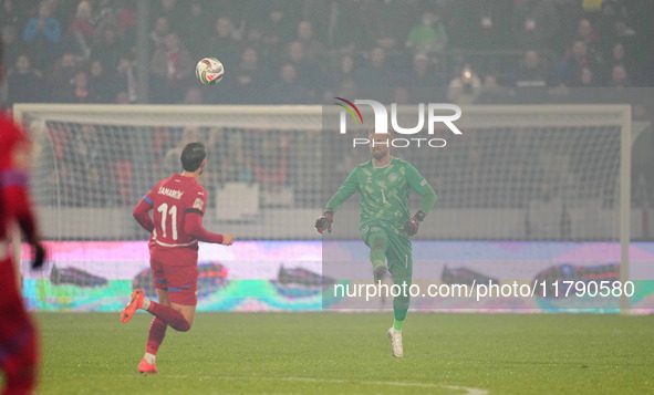 Kasper Schmeichel of Denmark  controls the ball during the Nations League Round 6 match between Serbia qnd Denmark at Dubocica Stadium, Lesk...