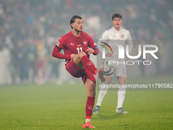 Lazar Samardzic of Serbia  controls the ball during the Nations League Round 6 match between Serbia qnd Denmark at Dubocica Stadium, Leskova...