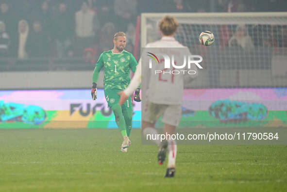 Kasper Schmeichel of Denmark  controls the ball during the Nations League Round 6 match between Serbia qnd Denmark at Dubocica Stadium, Lesk...