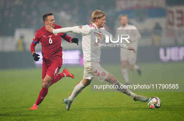 Kasper Dolberg of Denmark  controls the ball during the Nations League Round 6 match between Serbia qnd Denmark at Dubocica Stadium, Leskova...