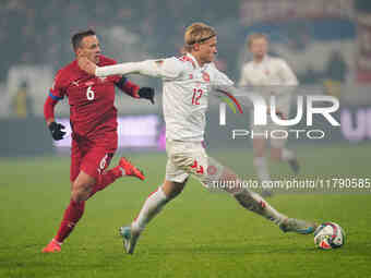 Kasper Dolberg of Denmark  controls the ball during the Nations League Round 6 match between Serbia qnd Denmark at Dubocica Stadium, Leskova...