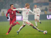 Kasper Dolberg of Denmark  controls the ball during the Nations League Round 6 match between Serbia qnd Denmark at Dubocica Stadium, Leskova...