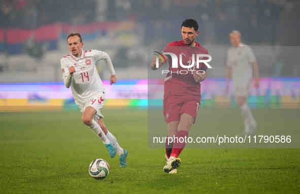 Milos Veljkovic of Serbia  controls the ball during the Nations League Round 6 match between Serbia qnd Denmark at Dubocica Stadium, Leskova...