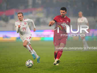 Milos Veljkovic of Serbia  controls the ball during the Nations League Round 6 match between Serbia qnd Denmark at Dubocica Stadium, Leskova...