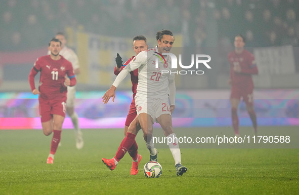 Yussuf Poulsen of Denmark  controls the ball during the Nations League Round 6 match between Serbia qnd Denmark at Dubocica Stadium, Leskova...