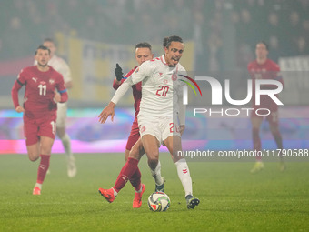 Yussuf Poulsen of Denmark  controls the ball during the Nations League Round 6 match between Serbia qnd Denmark at Dubocica Stadium, Leskova...