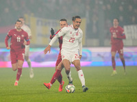 Yussuf Poulsen of Denmark  controls the ball during the Nations League Round 6 match between Serbia qnd Denmark at Dubocica Stadium, Leskova...