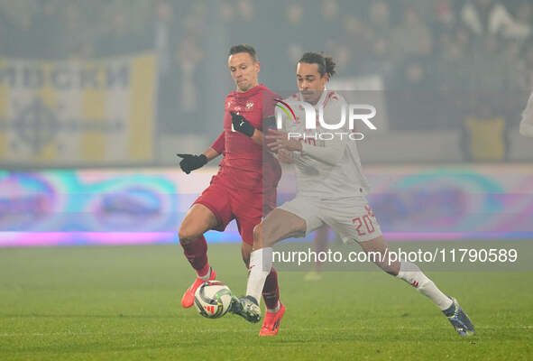 Yussuf Poulsen of Denmark  controls the ball during the Nations League Round 6 match between Serbia qnd Denmark at Dubocica Stadium, Leskova...