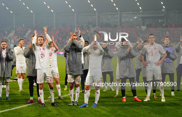 Morten Hjulmand of Denmark  with post game celebration during the Nations League Round 6 match between Serbia qnd Denmark at Dubocica Stadiu...