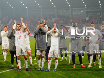 Morten Hjulmand of Denmark  with post game celebration during the Nations League Round 6 match between Serbia qnd Denmark at Dubocica Stadiu...