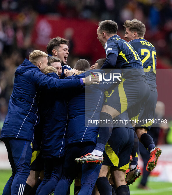 Team Scotland celebration during UEFA Nations League match Poland vs Scotland in Warsaw Poland on 18 November 2024. 