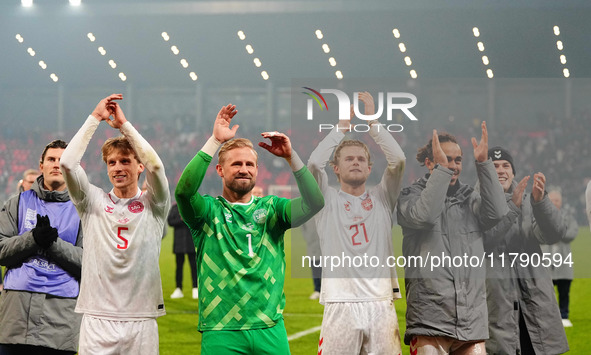 Kasper Schmeichel of Denmark  with post game celebration during the Nations League Round 6 match between Serbia qnd Denmark at Dubocica Stad...