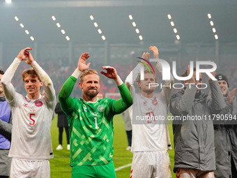 Kasper Schmeichel of Denmark  with post game celebration during the Nations League Round 6 match between Serbia qnd Denmark at Dubocica Stad...