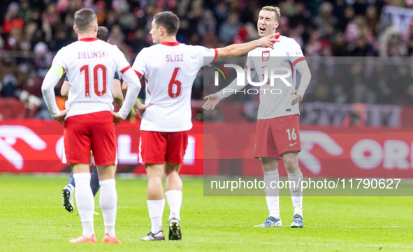 Piotr Zielinski , Bartosz Slisz , Adam Buksa  during UEFA Nations League match Poland vs Scotland in Warsaw Poland on 18 November 2024. 