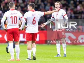 Piotr Zielinski , Bartosz Slisz , Adam Buksa  during UEFA Nations League match Poland vs Scotland in Warsaw Poland on 18 November 2024. (